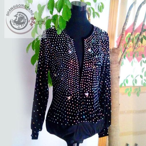 

stage wear style men's latin dance costumes seior spandex stones body shirt for shirts a11, Black;red