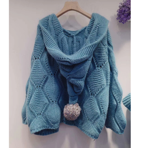 

knitted sweater women loose lantern sleeve sweaters 2021 autumn fashion cardigan plush jackets solid ladies hooded pull femme, White;black