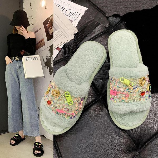 

glitter paillette fur slippers women cozy open toe slides indoor winter flats pantuflas chic colorful crystal cotton shoes, Black