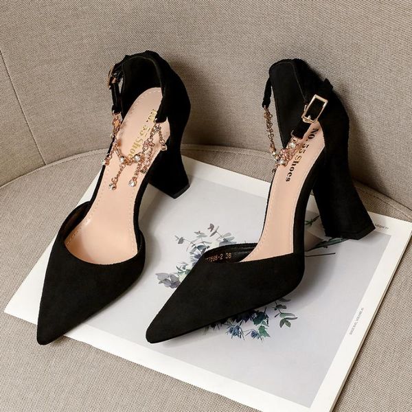 

dress shoes fashion black color pointed high heels quality women's chunky heel rhinestone pumps