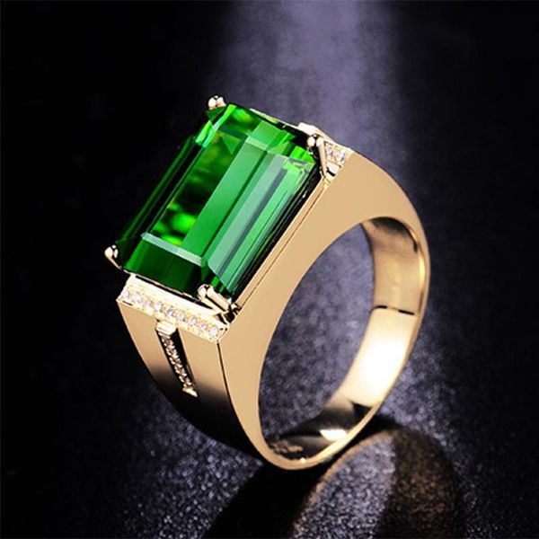 Cluster anéis de luxo ouro anel de cor esmeralda quadrado gemstone festa de casamento ajustável para homens de pedra verde negócio masculino dedo jóias