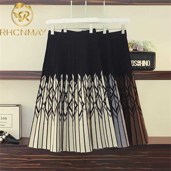 

women knitted pleated skirt autumn winter color patch high waist long female warm ladies maxi midi 211119, Black