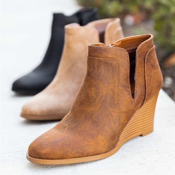 

boots slip on round toe pu ankle for women botas rubber wedge moccasin fashion roman short shoes autumn, Black