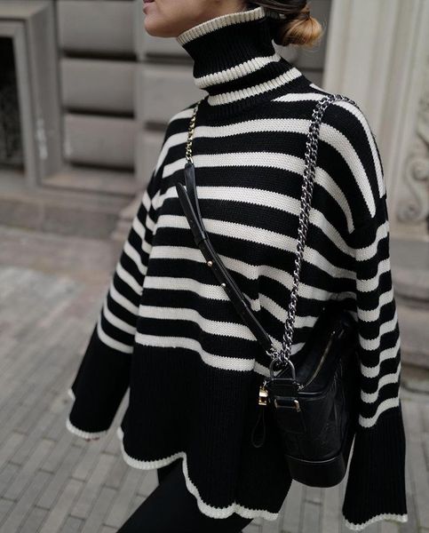 

women's sweaters 2021 women turtleneck striped sweater long sleeve irregular lady simple split knit pullover female jumper knitwear, White;black