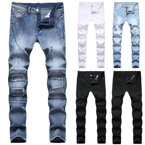 

men's jeans fashion men skinny stretchy pant slim fit white black long, Blue