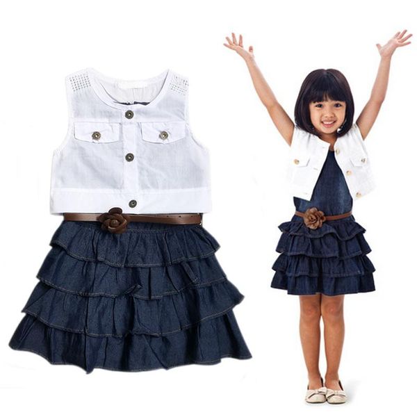 

girl's dresses 2pcs kids dress + jacket suit girls summer vest jeans children clothes set bm88, Red;yellow