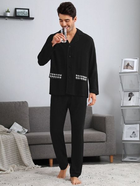 

men contrast gingham panel shirt & pants pj set 18ph#, Black;brown