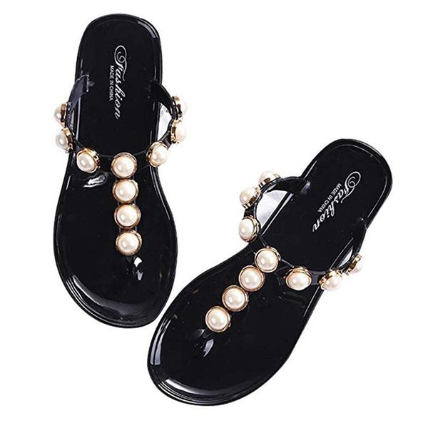 

women sandals 2021 summer korea chic pearl flat flip flops sweet light weight outdoor beach feamle, Black