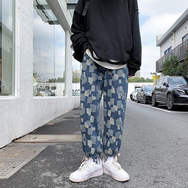 

men's pants plaid jeans trend korean loose straight-leg trendy brand ins port style wide-leg harajuku streetwear joggers, Black