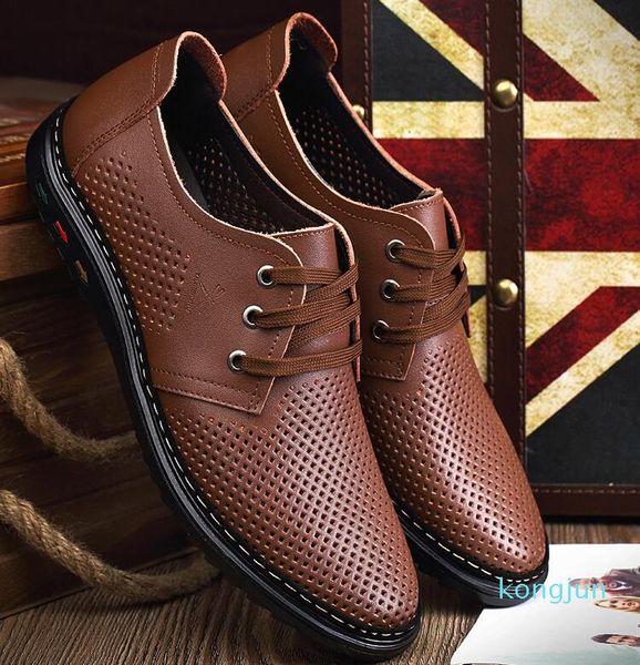 

designer- groom dress shoes men cool leather shoes hollow out breathable lace-up sandals dad driving shoes, Black