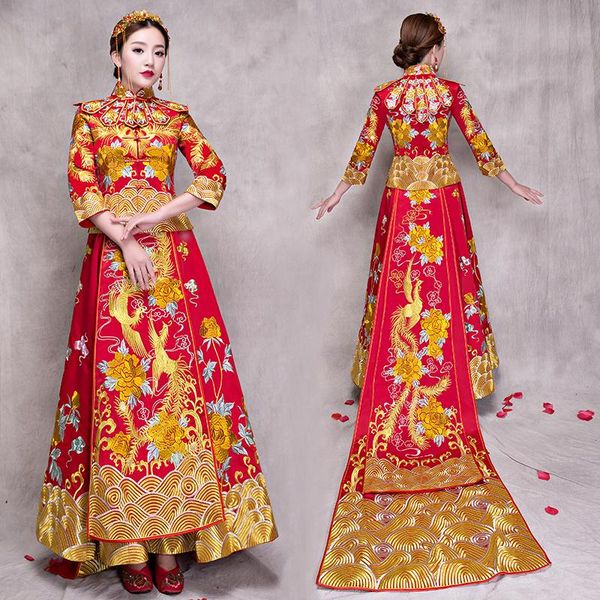 

wedding cheongsam traditional chinese bride dress ancient marriage costume gown clothing womens embroidery phoenix red qipao ethnic
