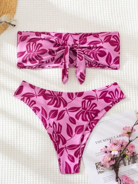 

leaf print knot bandeau bikini swimsuit d7ic#, White;black