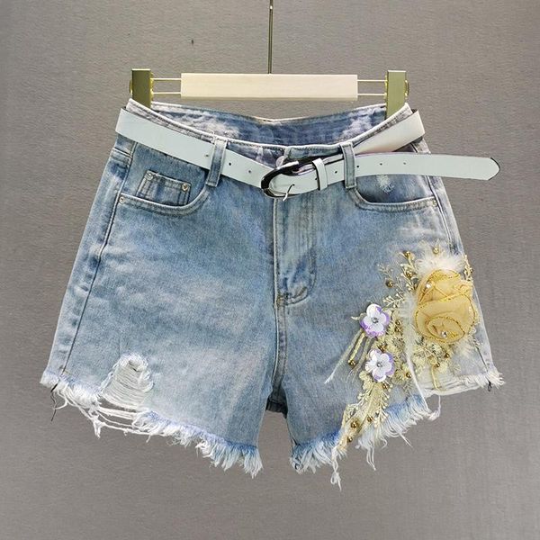 

floral jeans shorts for women 2021 summer loose high waist embroidery rhinestone burrs denim female wide-leg women's, Blue