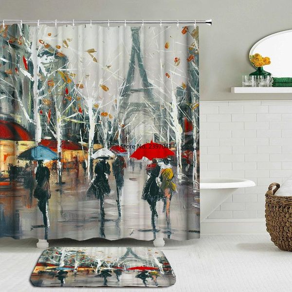 

shower curtains 2pcs/set eiffel tower pattern landscape architecture curtain set waterproof +non-slip mat rug toilet bathroom home decor