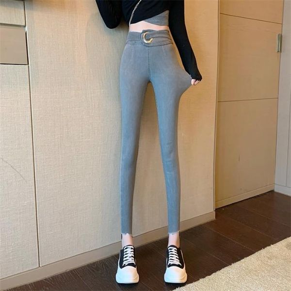 

high waist stretch leg jeans for women autumn / winter 2021 korean tight skinny pencil pants capris women's, Blue