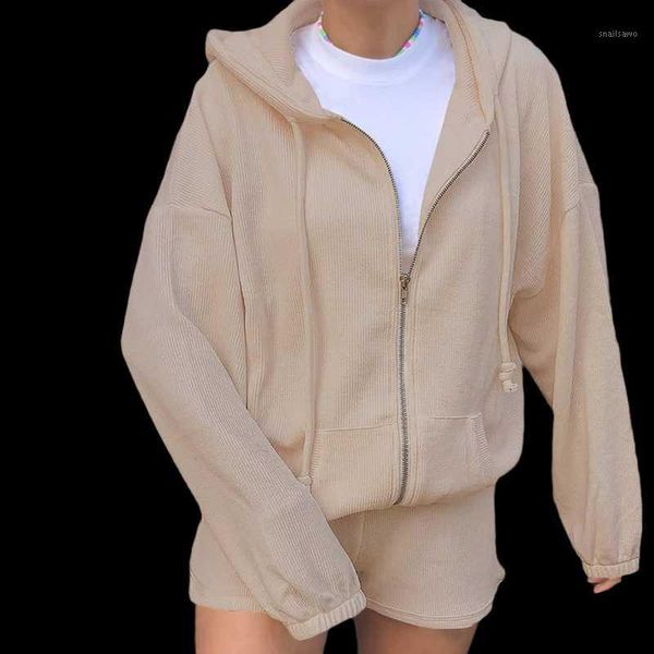 

autumn fashion corduroy ladies sweatshirt suit elegant street zipper hooded casual short pant wear women's hoodies & sweatshirts, Black