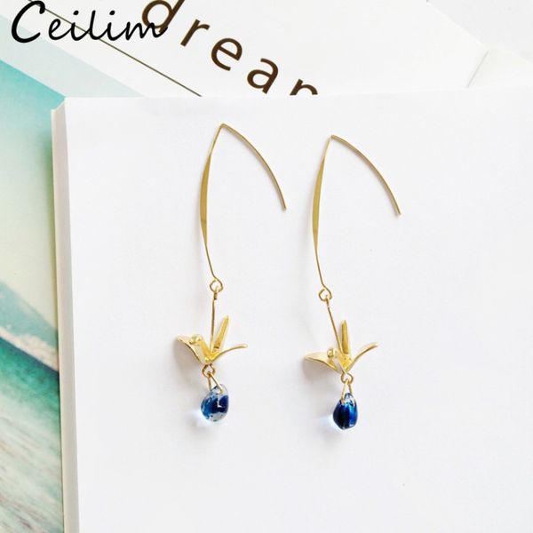 

handmade crystal earrings little bird blue water drop long dangle earring with paper crane charm 2019 korean fashion wholesale, Silver