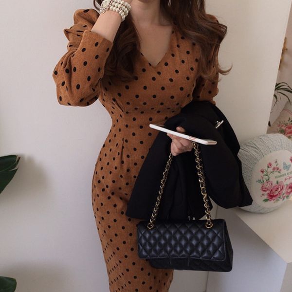 

2021gaganight vintage elegant polka dot women long dress spring autumn new fashion long sleeves dresses v neck slim lace up vestidos, Black;gray