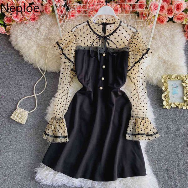 

neploe midi dress woman patchwork gauze polka dot vestidos spring robe slim waist a-line elegant dresses for women 4h412 210422, Black;gray