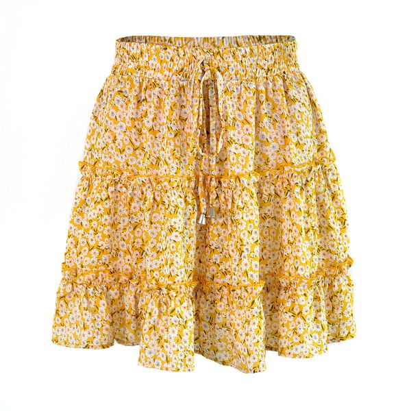 

2021 summer europe-us style empire ruffle women skirts above knee beach a-line, Black