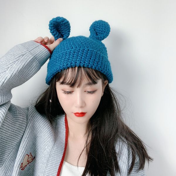

autumn winter cute children's hand crocheted rabbit ear wool sweet ins knitted hat, Black;white
