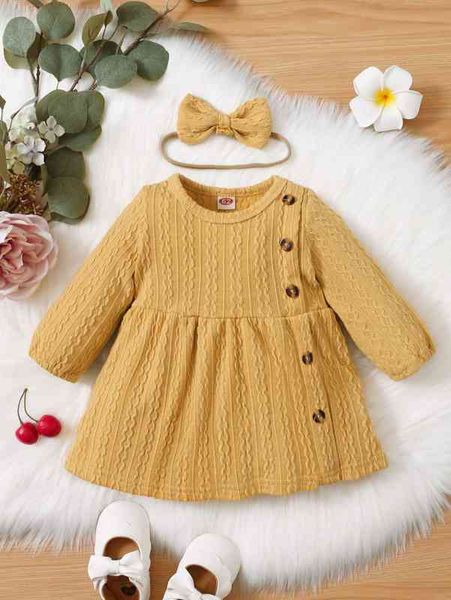 

baby textured button detail dress with headband she, Red;yellow