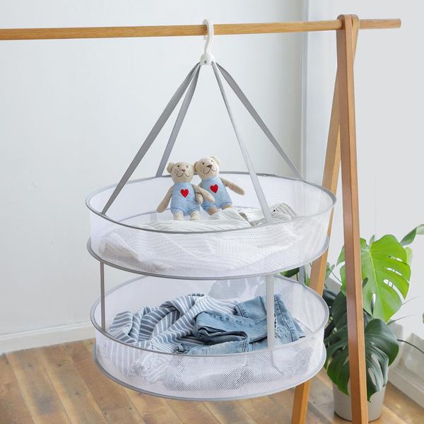

hangers & racks grey double-layer clothes drying net collapsible windproof basket polyester breathable dry socks rack laundry rac