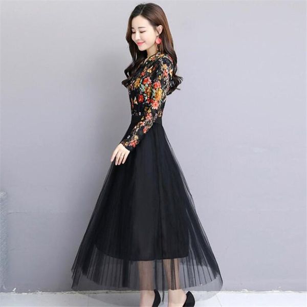

casual dresses plus size spring women dress black lace floral print vintage long sleeve vestidos robes e335, Black;gray