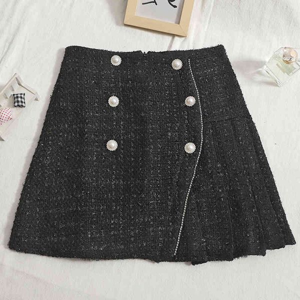 

chic gentle skirts woman autumn winter ins fashion zipper double breast high waist pleated a-line wrap hip skirt, Black