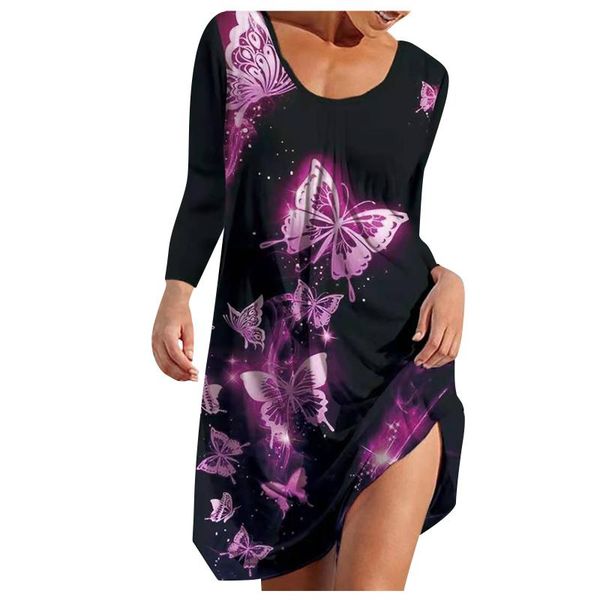 

casual dresses plus size for women 2021 women's fashion round neck splicing long sleeve print beach dress vestidos de mujer, Black;gray