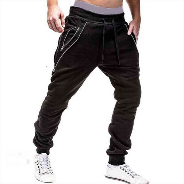

sweatpants men zipper pockets solid casual mid waist pants men full length joggers trousers streetwear pantalon homme, Black