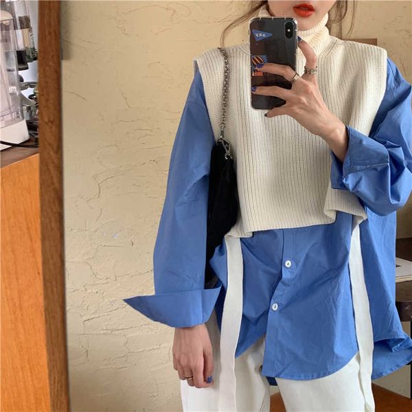 

women's sweaters designer style side slit soft waxy thick largehigh-necked loose sleeveless knitted sweater vest women wvlp, White;black