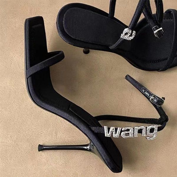 

sandals 2021 gladiator summer pumps shoes crystal women thin high heels square toe lady mules, Black