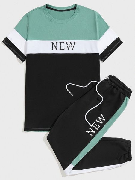 

men letter graphic color block tee & drawstring waist sweatpants t8jc#, Gray