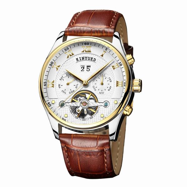 

men's tourbillon watch automatic movement mechanical wrist watches classic calendar leather/stainless steel band reloj hombre wristwatc, Slivery;brown