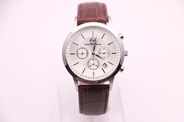 

men's quartz watch aehibo three eyes multifunction chronograph calendar white dial gold pin silver stainless steel case belt buckle, Slivery;brown