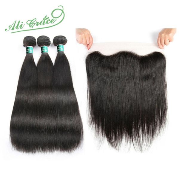 

human hair bulks ali grace cambodian straight 3 bundles with 13*4 middle part natural color weaves remy extensions, Black