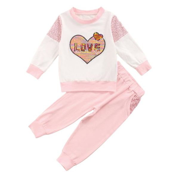 

clothing sets toddler baby girl fall clothes sequins heart long sleeve sweatshirt + jogger pants tracksuit outfits, White