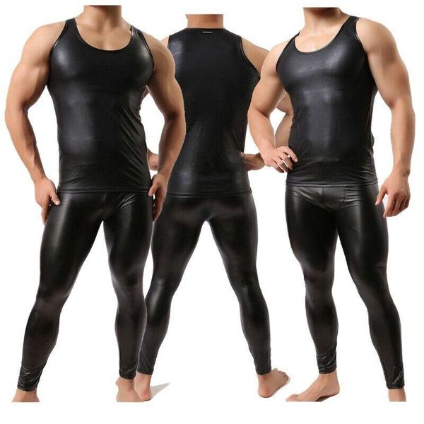 

faux leather men tank tee sleeveless t-shirts long pants trouser vest dance clubwear undershirts clothes set, Black;brown