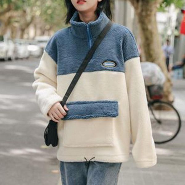 

women's hoodies & sweatshirts women hoodie lamb wool coat stitching stand-up collar hoodless fashion casual winter outwear 2021 pocket, Black