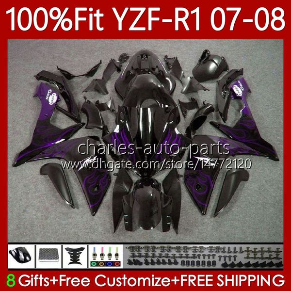 100 % passende Verkleidungen OEM für Yamaha YZF-R1 YZF R 1 1000 CC lila Flammen YZFR1 07 08 MOTO-Karosserie 91Nr.63 YZF R1 1000CC YZF1000 2007 2008 YZF-1000 2007–2008 Spritzgusskörper