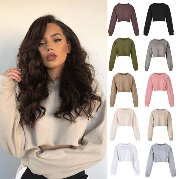 

women's hoodies & sweatshirts women clothes 2021 solid color harajuku streetwear long sleeve pullover fleece cropped hoodie sudadera mu, Black