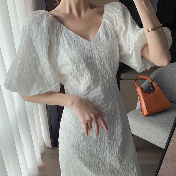 

elegant white long dres french vintage office lady puff sleeve female chic wedding evening korean style 210604, Black;gray