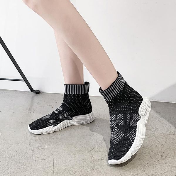 

boots fashion winter plus size autumn knitting sock ankle women shoes woman slip on round toe thick sole platform, Black