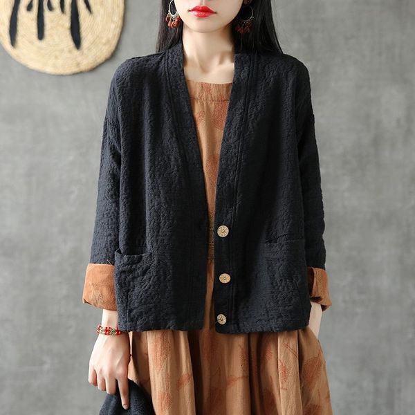 

style of female autumn long sleeve short retro cotton flax button with cleavage v cardigan coat ladies jackets d448, Black;brown