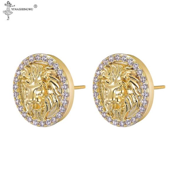 

pair hip hop zircon micro paved lion iced out rhinestone cz stone round bling stud earring copper earrings men jewelry gift, Golden;silver