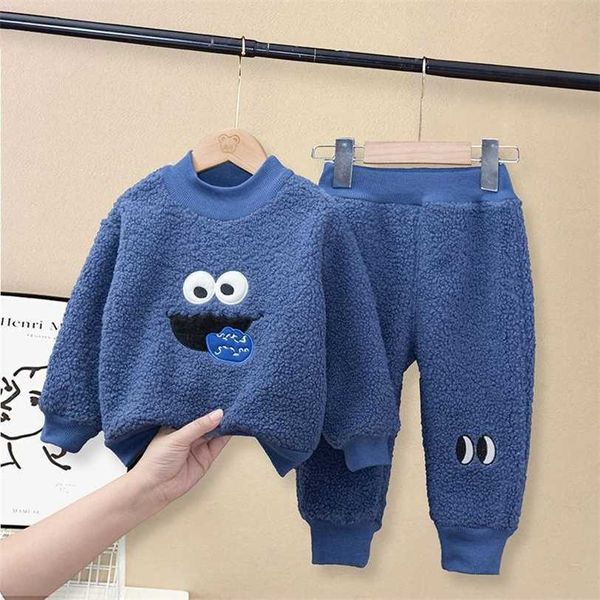 Conjunto de roupas de crianças inverno crianças meninos letras terno pulôver suéter + calças bebê moda meninas stitching plus veludo 211224
