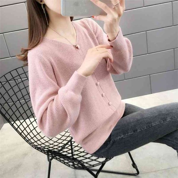 

knitted thin long-sleeved bottoming sweater female loose v-neck button decoration solid color frill women spring 210427, White;black