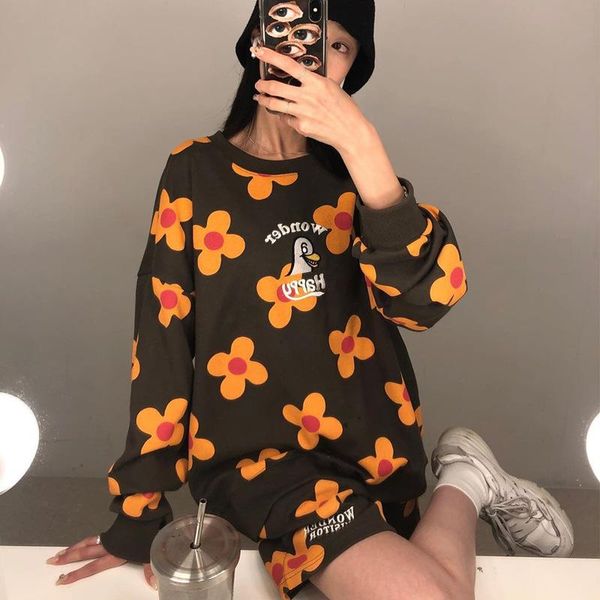 

women's hoodies & sweatshirts coat autumn and winter korean version of the letter embroidered flower print loose-fitting suit men women, Black