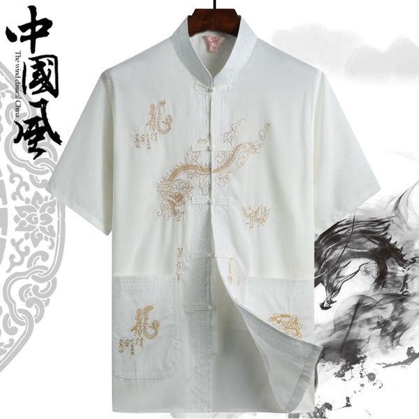

ethnic clothing summer embroidery dragon print blouse men tang suit chinese traditional hanfu t shirt coat father oriental card, Red